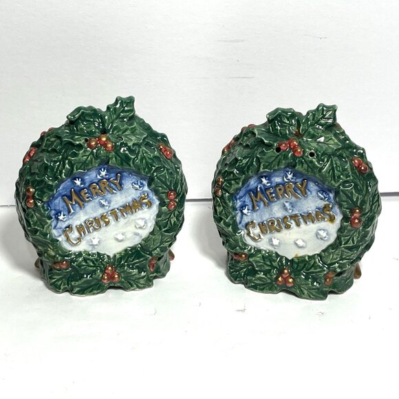 Santa Wreath Salt Pepper Shakers By Fitz And Floyd Omnibus Christmas Decor - Picture 2 of 12